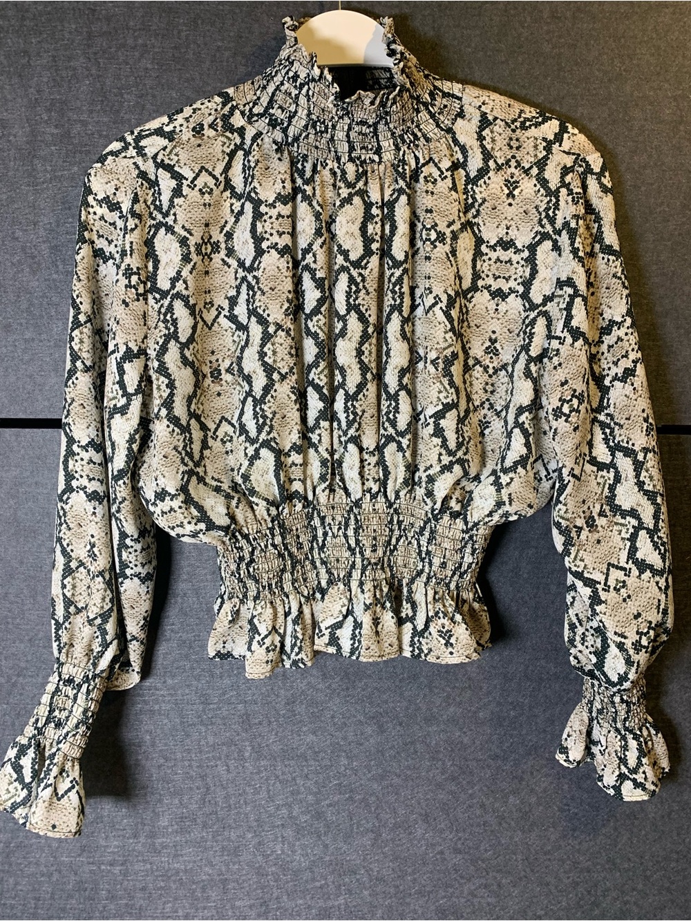 Shinestar Beige and Black Snake-Print Smocked Blouse